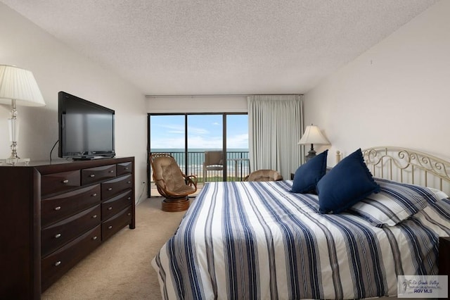 bedroom with access to outside, light colored carpet, and a textured ceiling