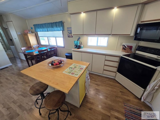 kitchen with white cabinetry, dark hardwood / wood-style flooring, and electric stove