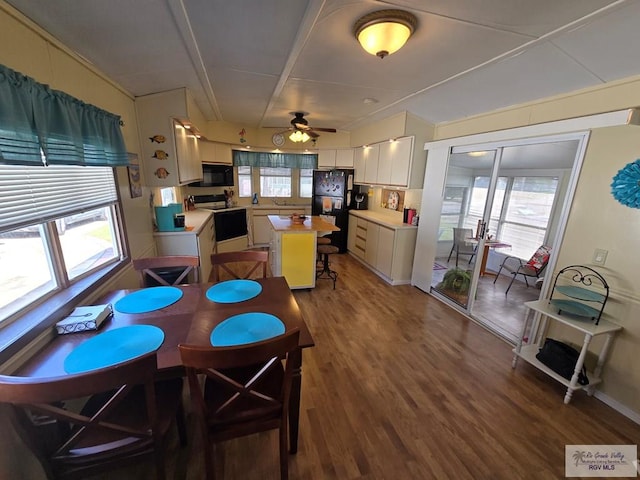 dining area with ceiling fan and hardwood / wood-style floors