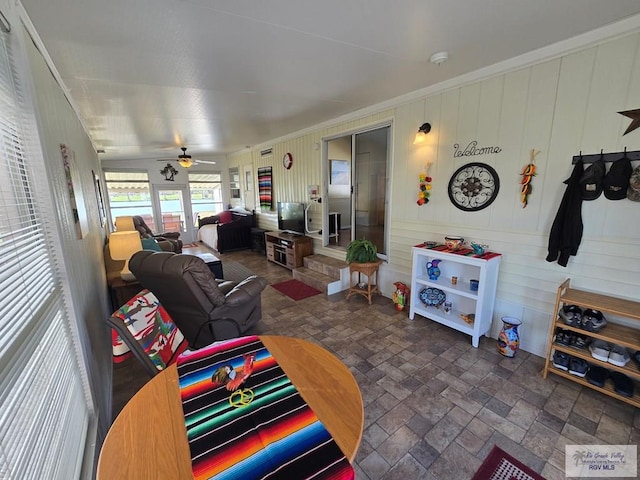 living room featuring ceiling fan