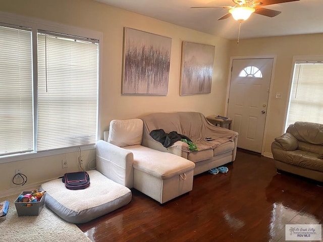 living room featuring a ceiling fan, wood finished floors, and a wealth of natural light