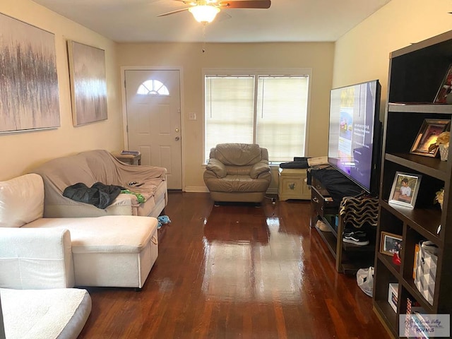 living room with a ceiling fan and wood finished floors