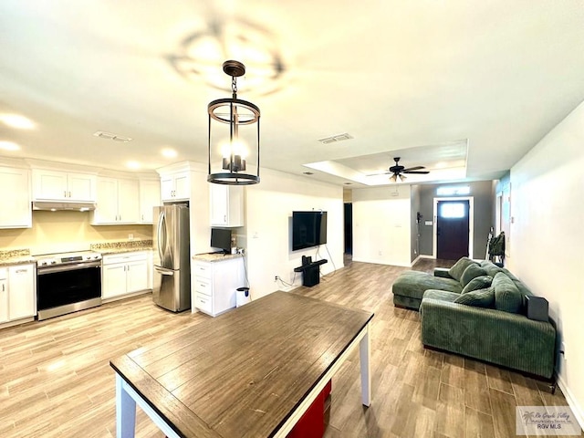 2901 Tree Top Ct, Harlingen, TX 78552 - living room featuring light wood-style floors, a tray ceiling, baseboards, recessed lighting, and ceiling fan