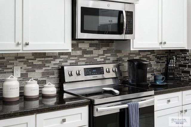 1903 W Webster Dr, Edinburg, TX 78542 - kitchen featuring stainless steel appliances, white cabinetry, tasteful backsplash, and dark stone countertops