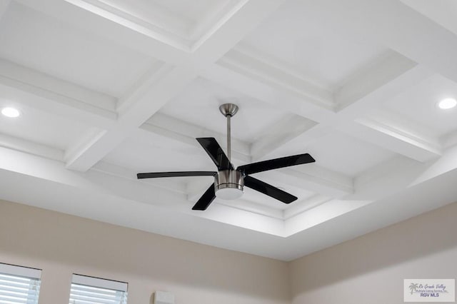 1903 W Webster Dr, Edinburg, TX 78542 - detailed view of coffered ceiling, beamed ceiling, recessed lighting, and ceiling fan