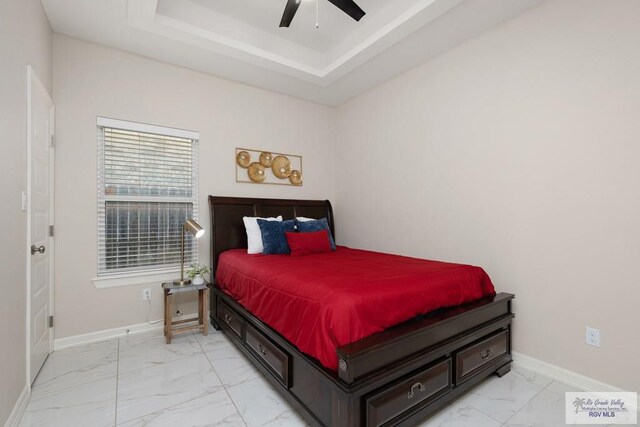 bedroom with a tray ceiling and ceiling fan