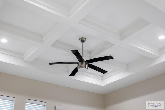 details with beam ceiling, ceiling fan, and coffered ceiling