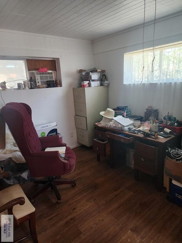 office featuring dark hardwood / wood-style flooring and wooden ceiling