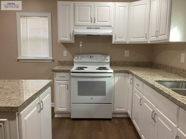 kitchen featuring dark hardwood / wood-style flooring, light stone counters, white electric range oven, sink, and white cabinetry