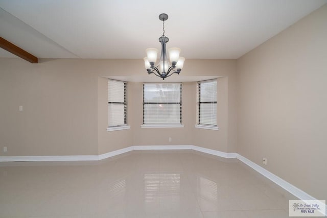 unfurnished room with beamed ceiling, a notable chandelier, and tile patterned flooring