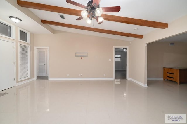 tiled spare room with vaulted ceiling with beams