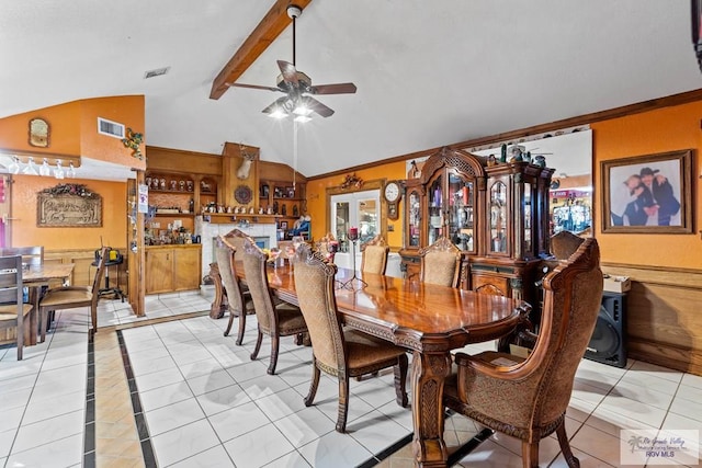 34390 Fm 732, San Benito, TX 78586 - dining space featuring vaulted ceiling with beams, visible vents, light tile patterned floors, and ceiling fan