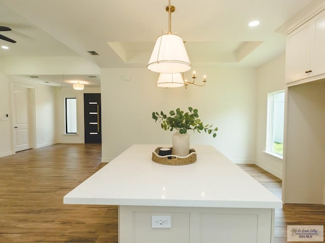 23100 Hidalgo Ave, Harlingen, TX 78552 - kitchen with wood finished floors, healthy amount of natural light, a kitchen island, white cabinets, and recessed lighting
