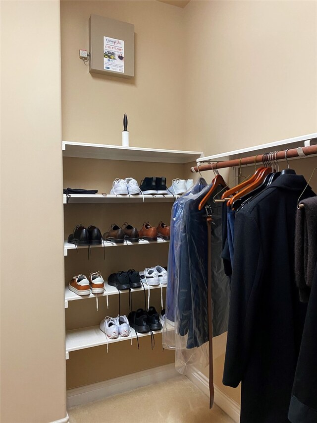 walk in closet featuring carpet flooring