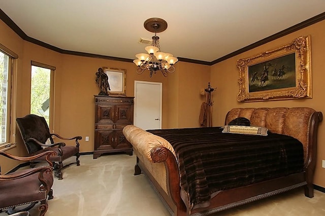 bedroom featuring light colored carpet, ornamental molding, and an inviting chandelier