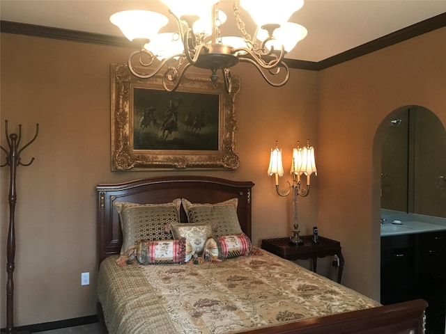 bedroom with an inviting chandelier, crown molding, and sink