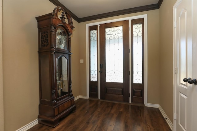 entryway featuring crown molding and dark hardwood / wood-style flooring