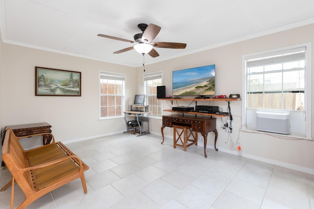 office with ornamental molding, light tile flooring, and ceiling fan