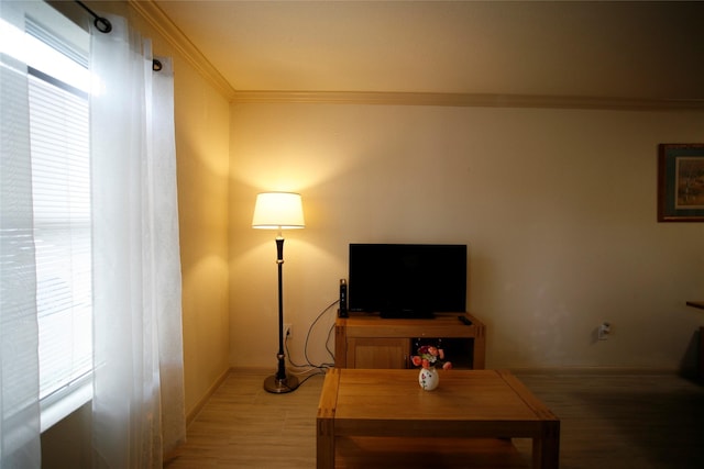 living room featuring ornamental molding and light wood-type flooring