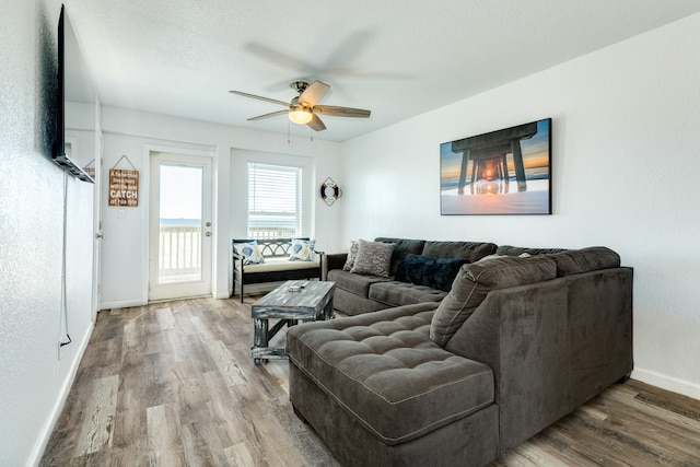 living room featuring ceiling fan and hardwood / wood-style floors