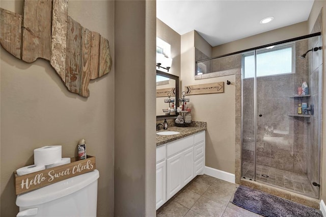 bathroom with vanity, tile flooring, a shower with shower door, and toilet