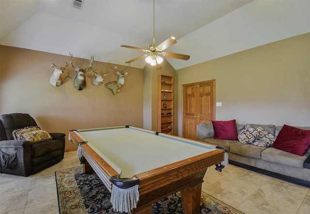 playroom with ceiling fan, lofted ceiling, light tile floors, and billiards