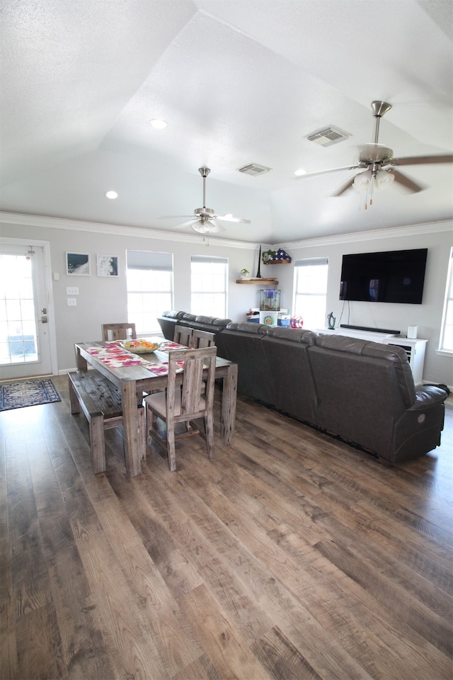 dining space with plenty of natural light, dark hardwood / wood-style flooring, and ceiling fan