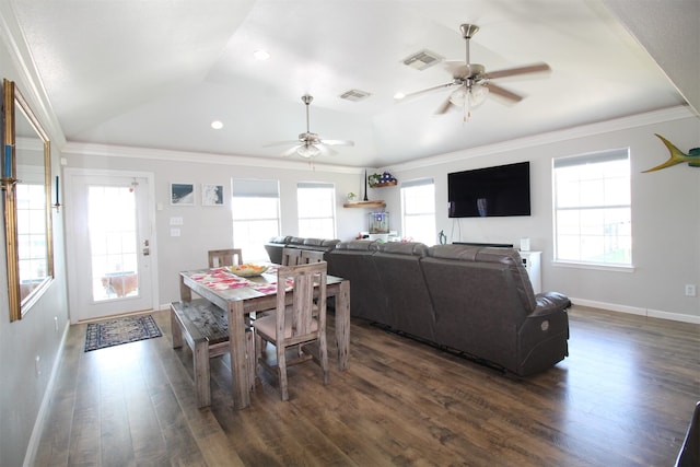 living room with crown molding, dark hardwood / wood-style floors, vaulted ceiling, and ceiling fan