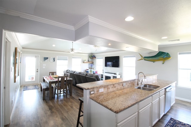 kitchen with ceiling fan, sink, white cabinets, dishwasher, and dark hardwood / wood-style flooring