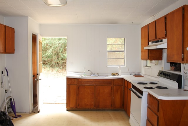 kitchen with electric stove, a healthy amount of sunlight, and sink