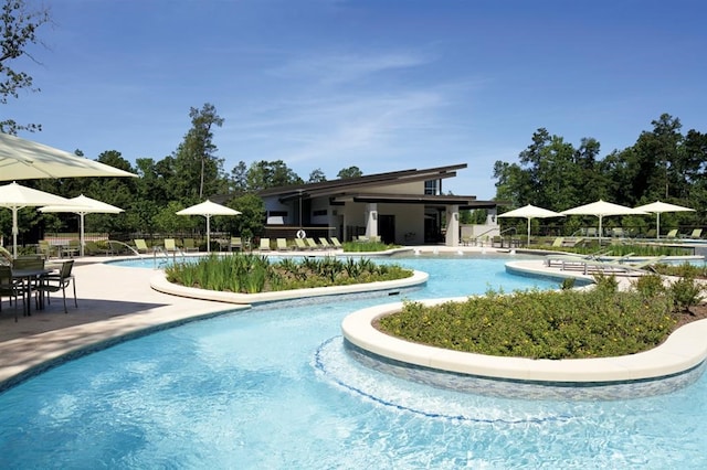 view of swimming pool featuring a patio area