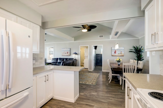 kitchen featuring lofted ceiling with beams, white refrigerator, ceiling fan, and dark hardwood / wood-style floors