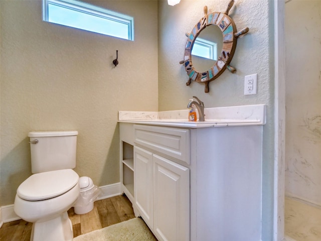 bathroom featuring vanity, wood-type flooring, and toilet