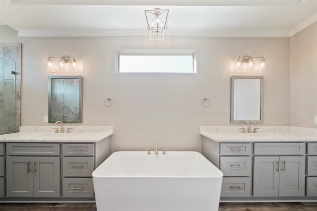 bathroom featuring crown molding, dual bowl vanity, and a tub