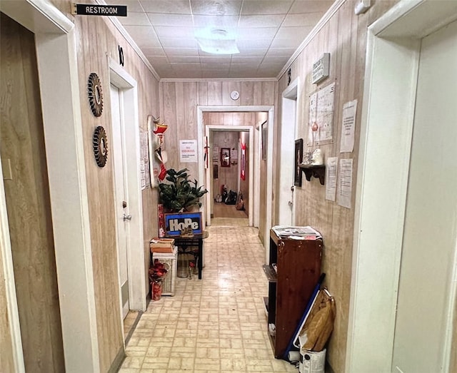 hall featuring wooden walls and ornamental molding