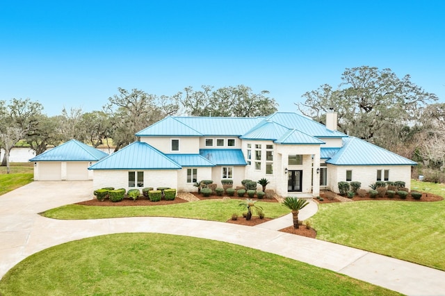 modern farmhouse featuring a front yard and a garage