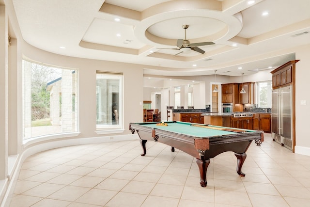 game room with ceiling fan, coffered ceiling, light tile floors, and billiards