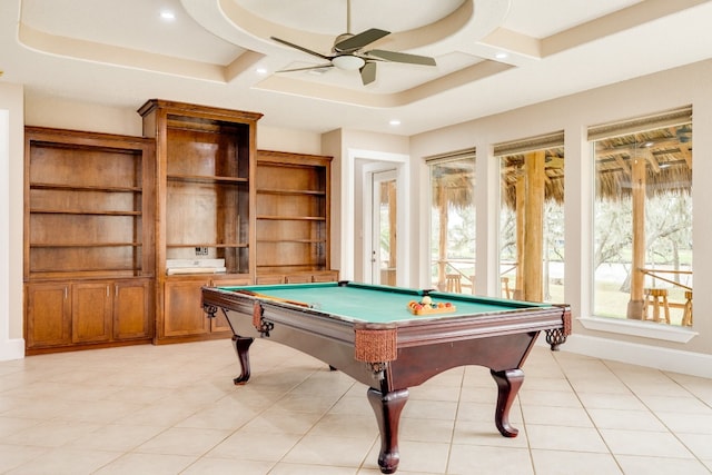 recreation room featuring ceiling fan, coffered ceiling, pool table, and light tile floors