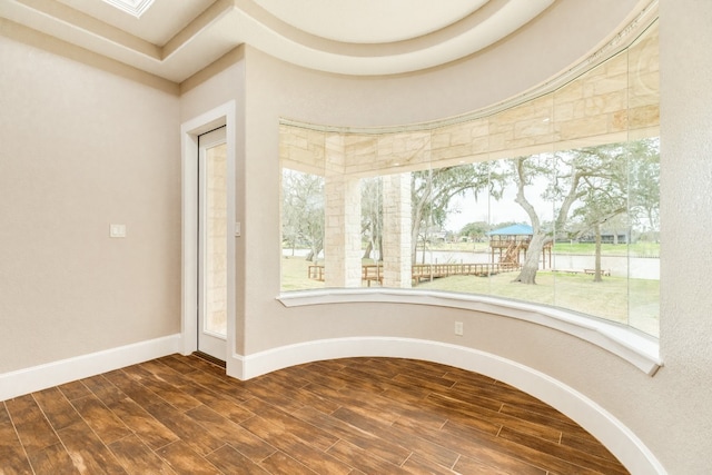 empty room with dark wood-type flooring, a healthy amount of sunlight, and a tray ceiling