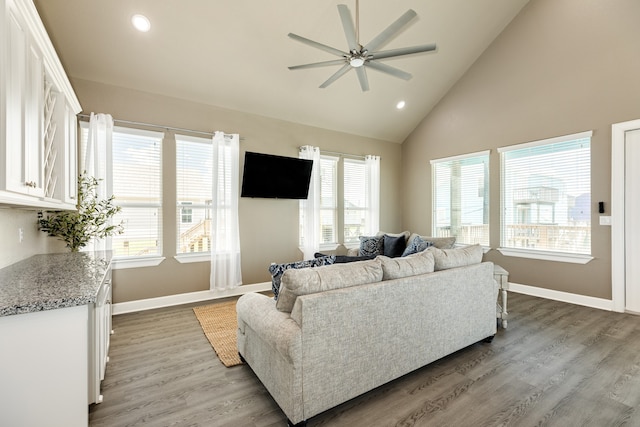 living room with high vaulted ceiling, ceiling fan, wood-type flooring, and a healthy amount of sunlight