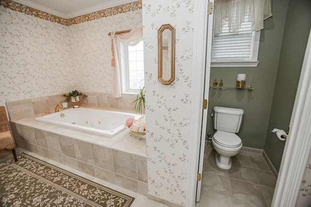 bathroom with ornamental molding, tile flooring, toilet, and tiled bath