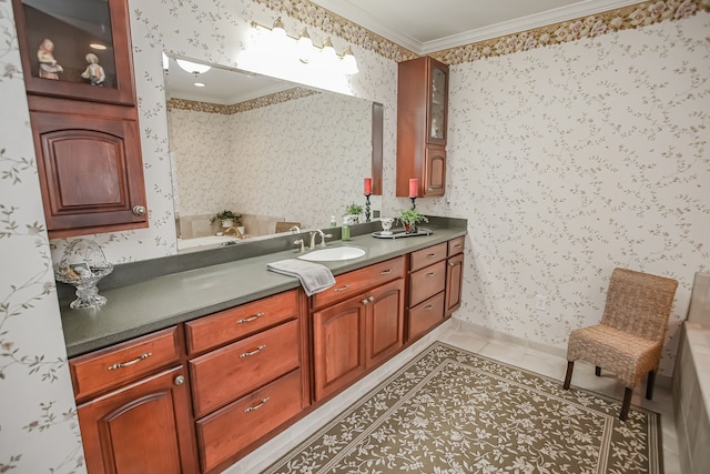 bathroom featuring tile flooring, vanity, and crown molding