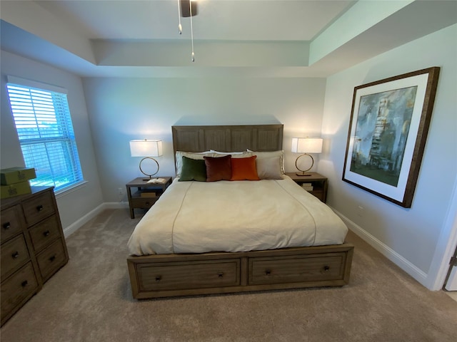 bedroom with light carpet and a tray ceiling