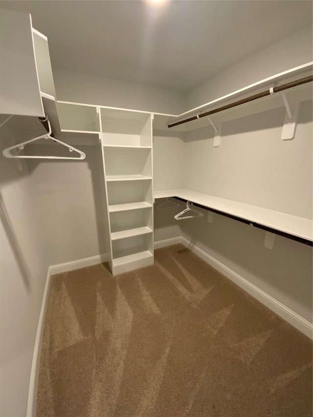 walk in closet featuring dark carpet