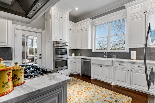 kitchen with white cabinets, tasteful backsplash, dark wood-type flooring, and stainless steel appliances