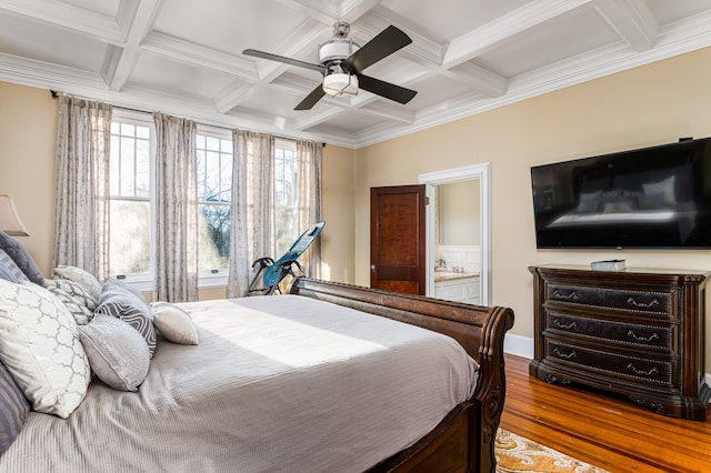 bedroom featuring dark hardwood / wood-style floors, ceiling fan, ensuite bathroom, coffered ceiling, and beam ceiling