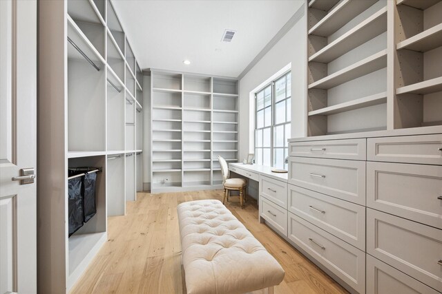 walk in closet with built in study area and light wood-style flooring