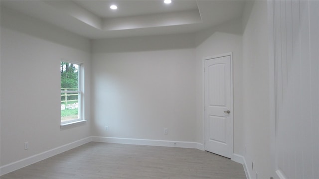 unfurnished room with plenty of natural light, a raised ceiling, and light hardwood / wood-style flooring