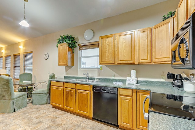 kitchen featuring hanging light fixtures, sink, light tile flooring, and black appliances