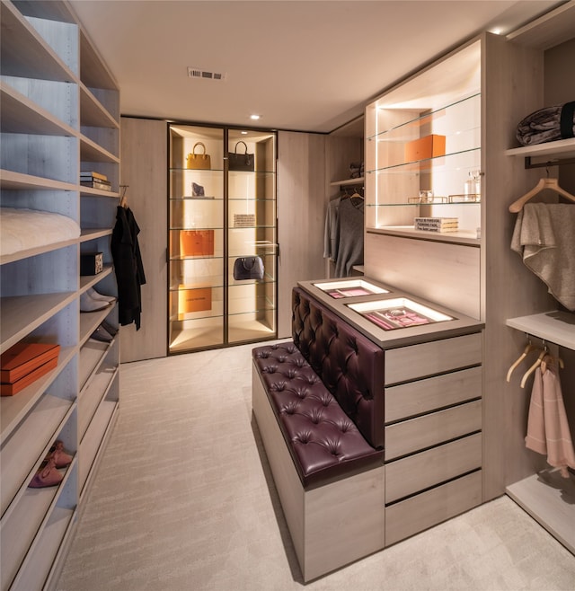 spacious closet featuring light carpet